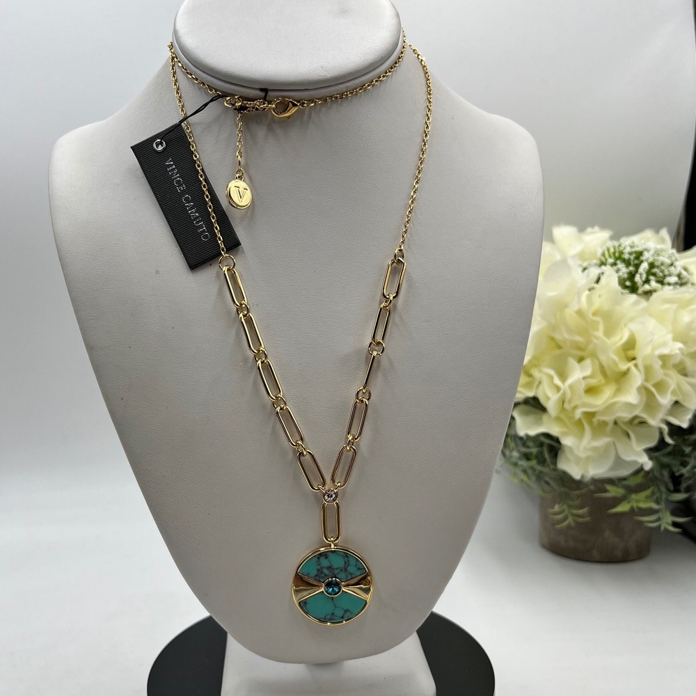 Vince Camuto Two-tone Semi Precious Inlay Turquoise Pendant Drop‎  Necklace New